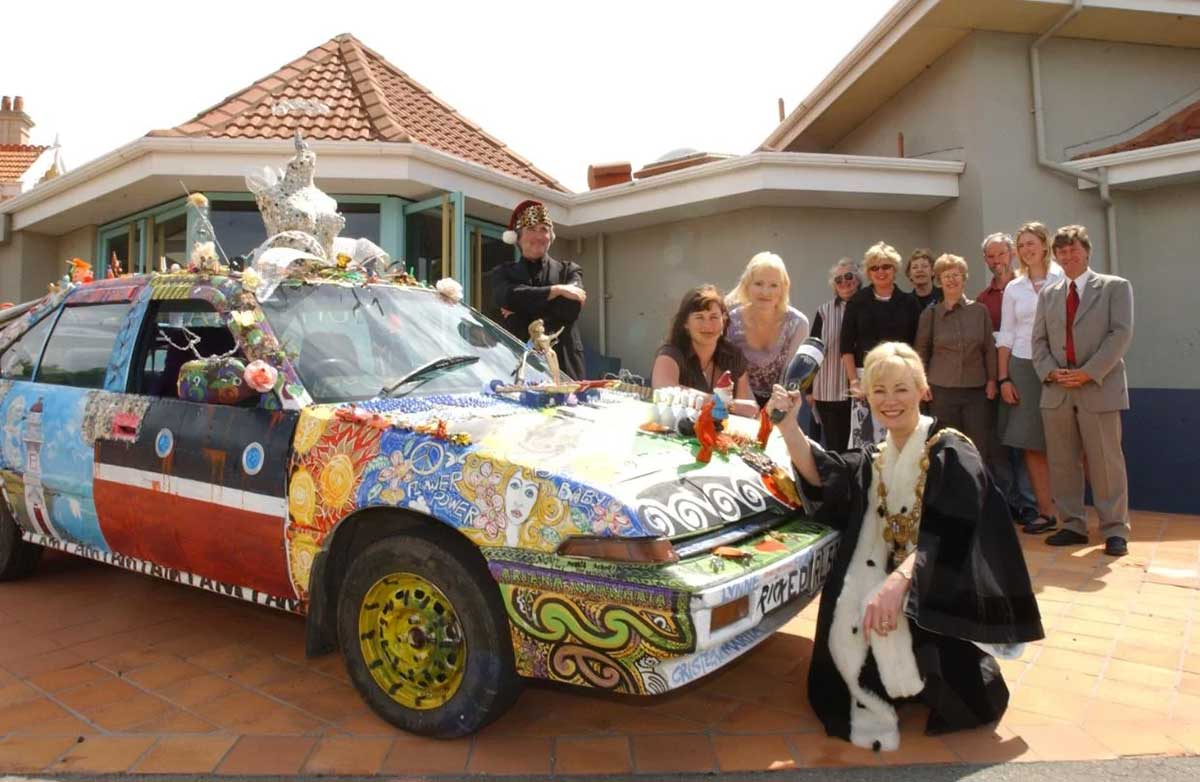 A new “art car’’ in 2004 was hard to miss as it travelled around Timaru promoting local artists and the Aigantighe Art Gallery. Then Timaru mayor Janie Annear, front, officially launched the car and looking on are, from left, Friends of the Aigantighe Art Gallery member Rick Lucas, gallery exhibition's curator Holly Dyer, director Dr Fiona Ciaran, and the gallery friends. Photo: Ron Lindsay / The Timaru Herald