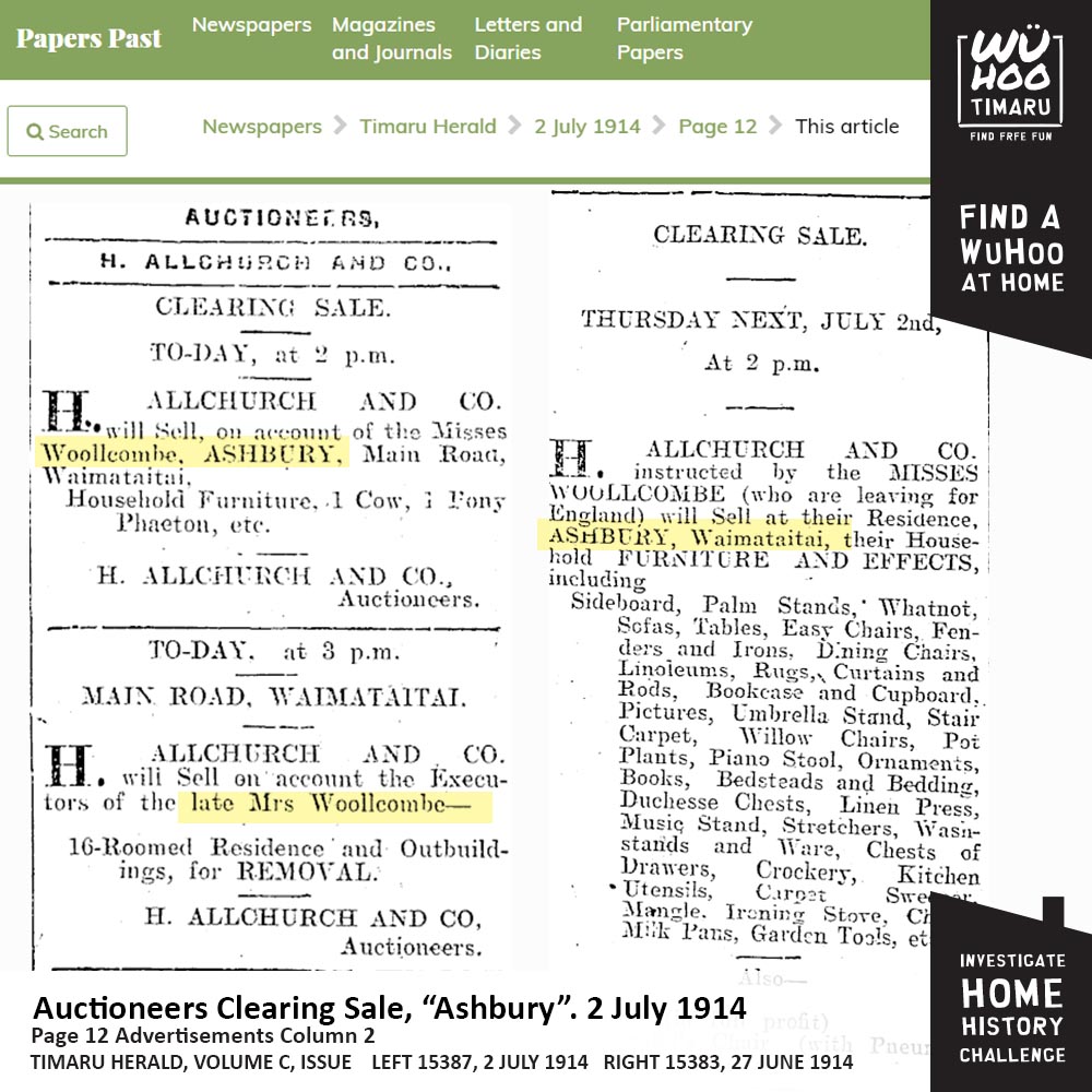 WuHoo InvestigateYourHomeChallenge WoolcombesHouse AshburyPark 0221 AuctionAdvertTimaruHerald 1914