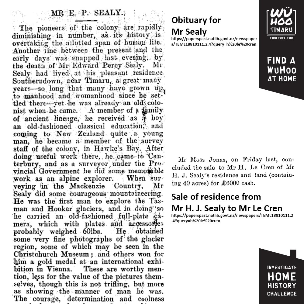 WuHoo InvestigateYourHomeChallenge LeCren PapersPast SealyObituary