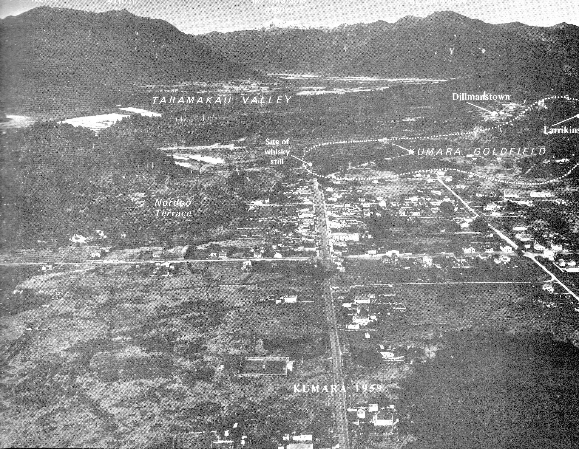 Kumara from the air showing Goldfields and Dillmanstown and Larrikins 1959
