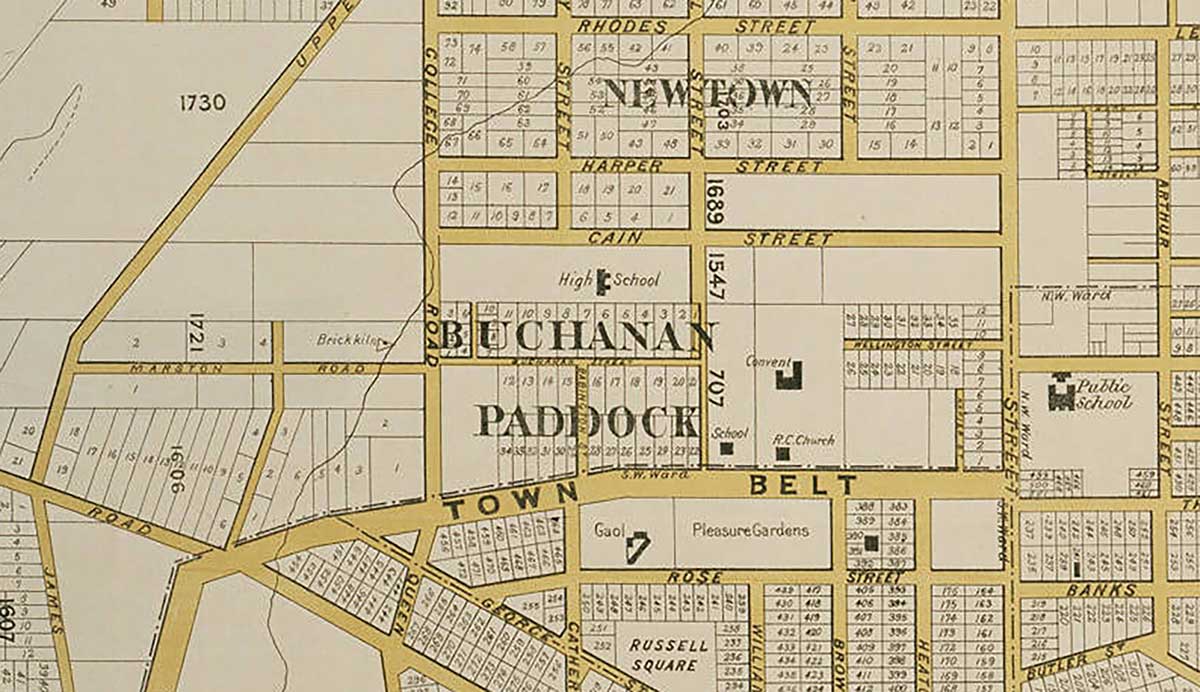 1875 6 Timaru Wises Directory Map 1657 full Auckland Librarues Heritage Collections Map 6537a open copyright Detail Cains Paddocks