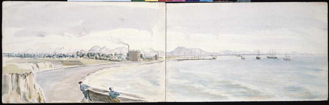 1877 pulling boat up on shore with harbour view Patiti Point Hocken Library by Fanny Wright Brunton nlnzimage