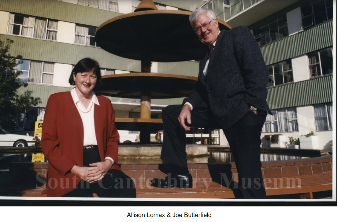 Allison Lomax and Joe Butterfield posed at the fountain in the carpark area of Timaru Public Hospital dated 7 August 1996