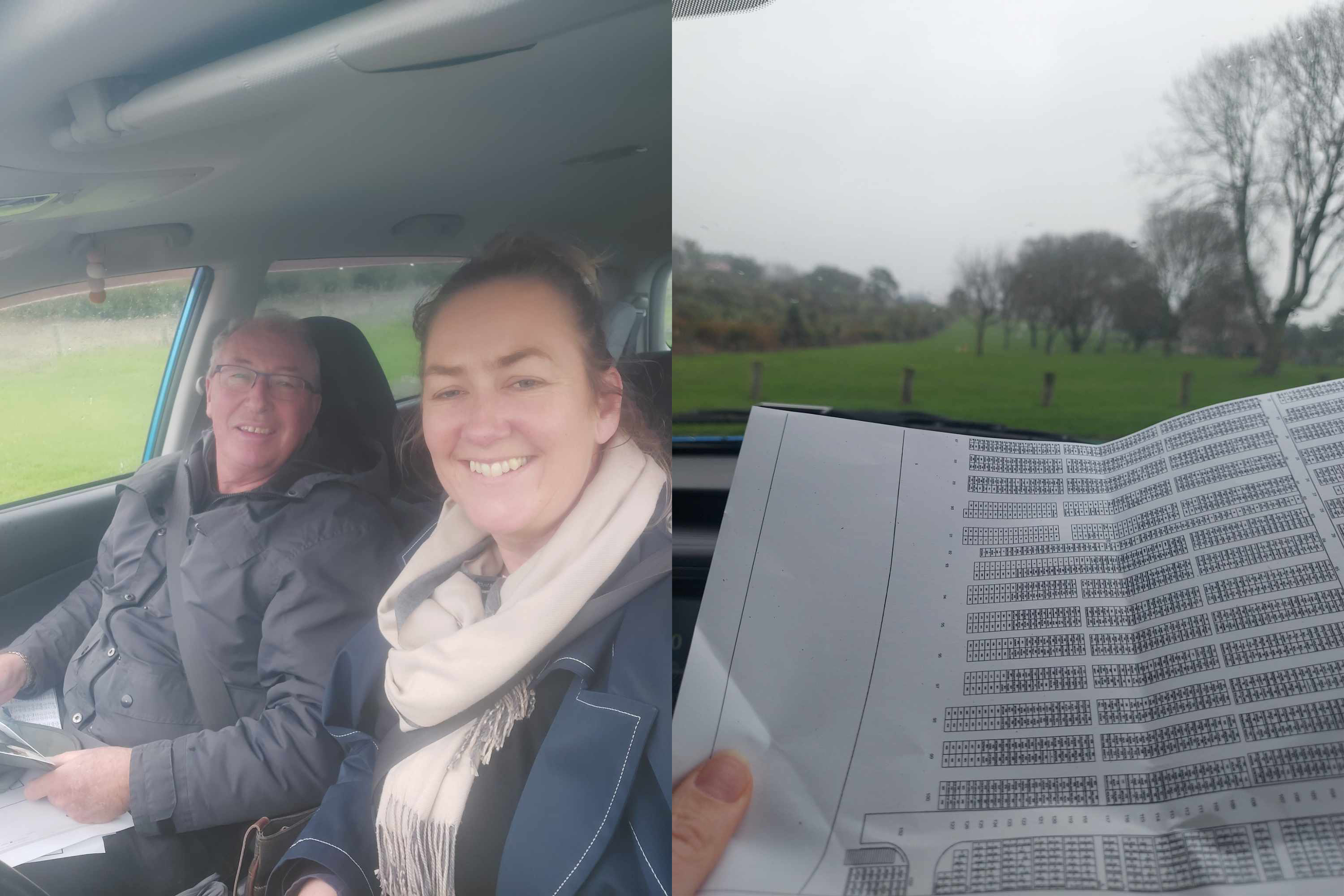 Les Jones and Roselyn Fauth shelter from the rain while working out the best location for a monument