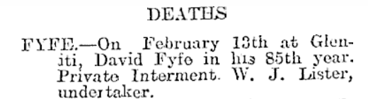 David Fyfe died 85th year 15 February 1922 Timaru Herald