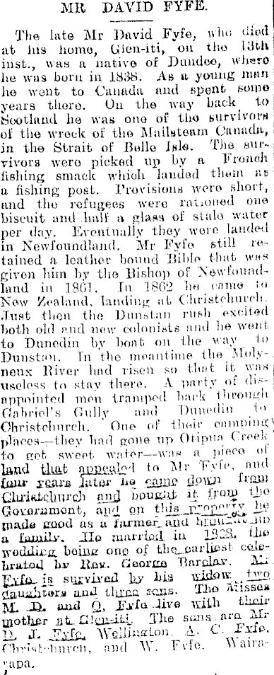 David Fyfe died 85th year 15 February 1922 Timaru Herald obituary