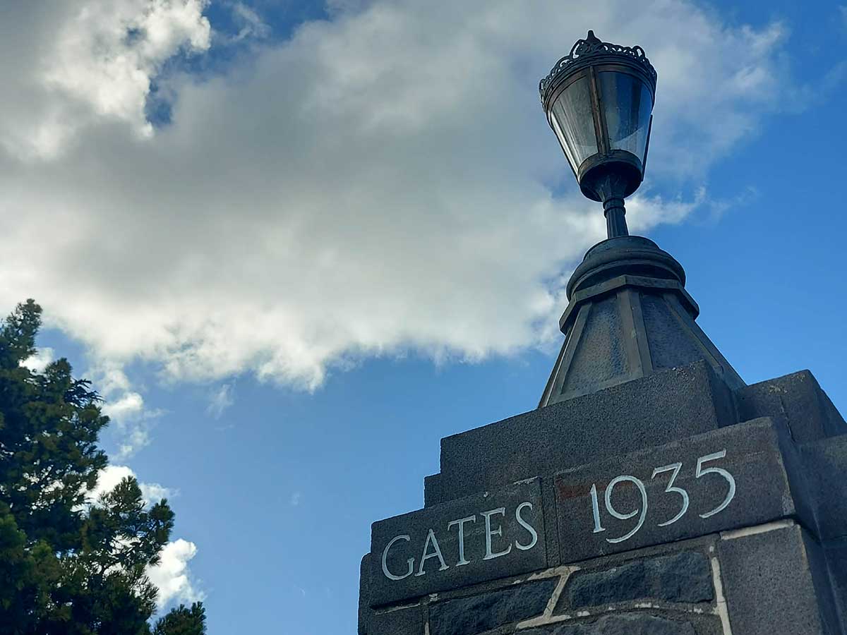 Gloster Gates 1935 Timaru Botantic Gardens with a lamp on top Photo Roselyn Fauth 2025