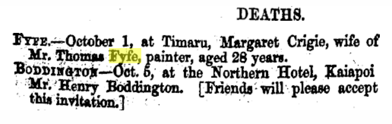Margaret Fyfe Death Notice Timaru Herlad 1863