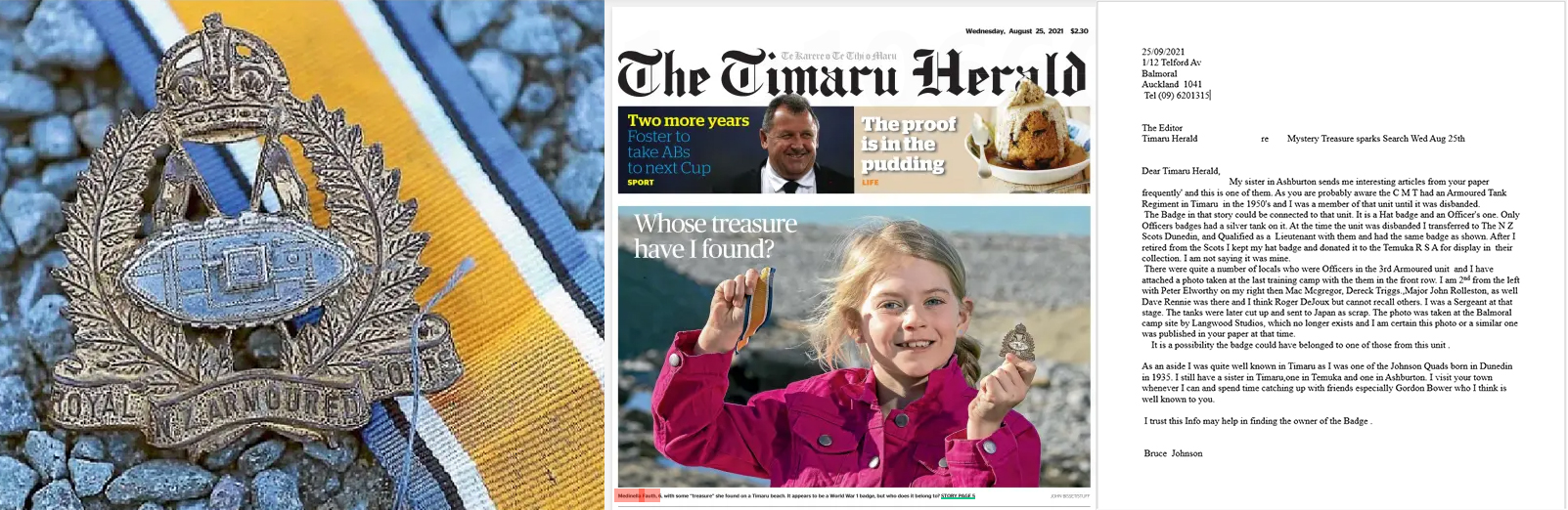 Medinella Fauth with the medal she found at Patiti Point 2021 Timaru Herald montage