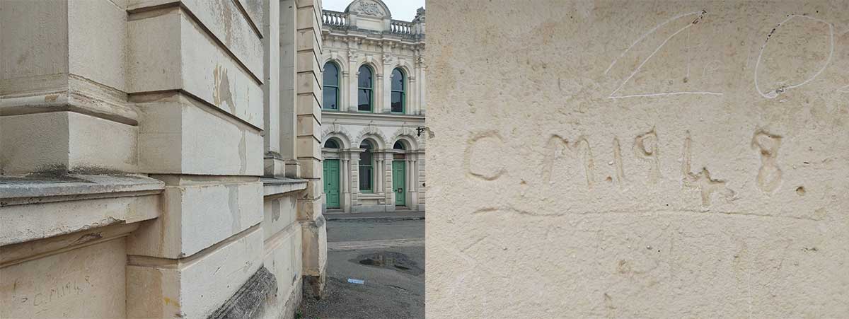 Oamaru Victorian Precinct Graffiti on wall and close up whitestone city heritage buildings Jan 2026 Photos Roselyn Fauth