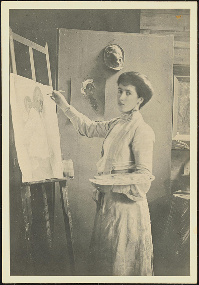 Portrait of Frances Mary Hodgkins Painting at an Easel in her Studio in Bowen Street 1904 Auckland Art Gallery Toi o Tāmaki Copyright Assume Expired