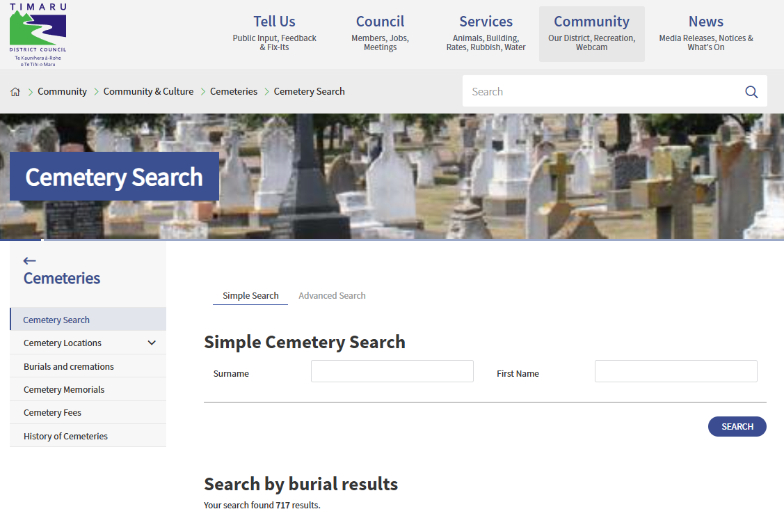 Search for people recorded in row 0 at the Timaru Cemetery