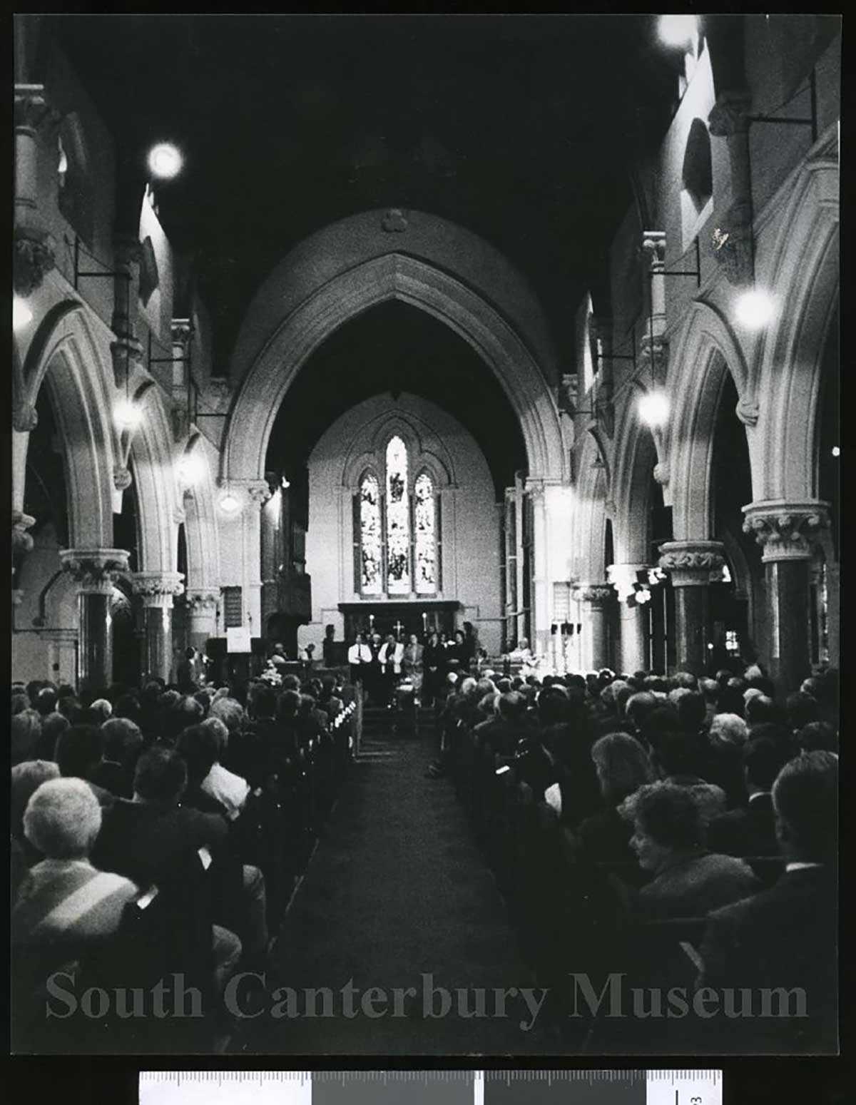 Sir Basil Arthurs funeral St Marys Church Timaru. Inside as Sir Basil Arthur's funeral starts, 1985. South Canterbury Museum Catalogue Number 2012/186.0353