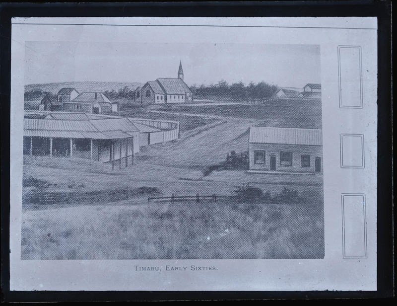 illustration of Timaru in the early 1860s with a church in the background