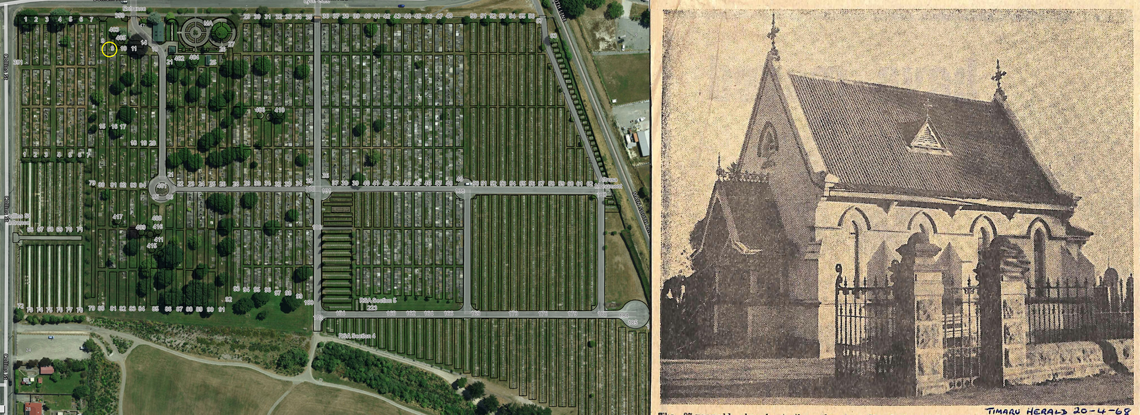 Timaru Cemetery Chapel Newspaper Cutting and the cemetery map