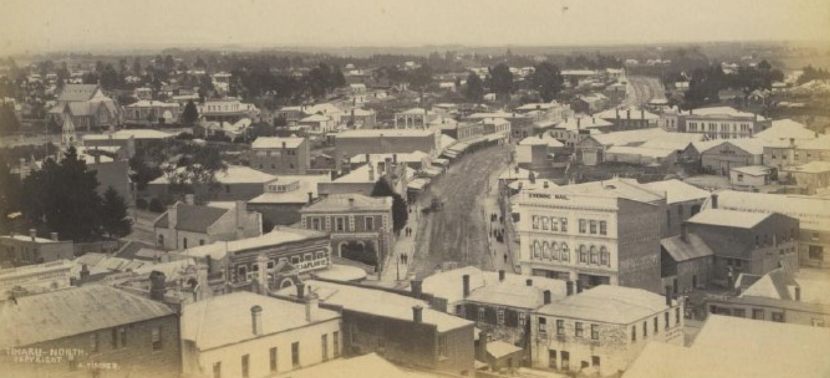 View of Timaru and District by Adolf Fischer circa 1890 views of Stafford Street looking north from George Street South Canterbury Museum 3868