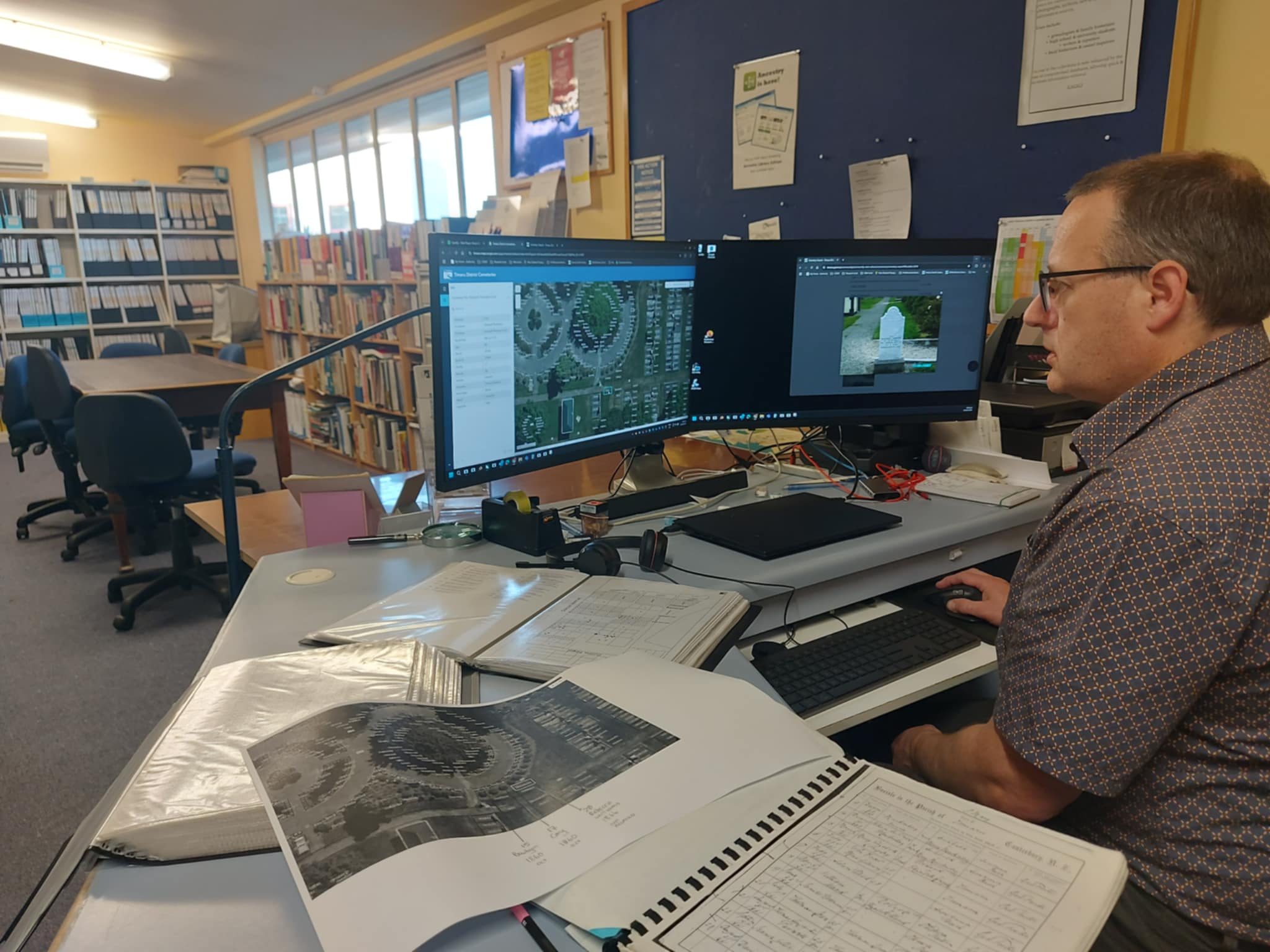 Tony Rippin at South Canterbury Museum working with Roselyn Fauth to triangulate peoples burials around the time ann passed to see if there is a pattern