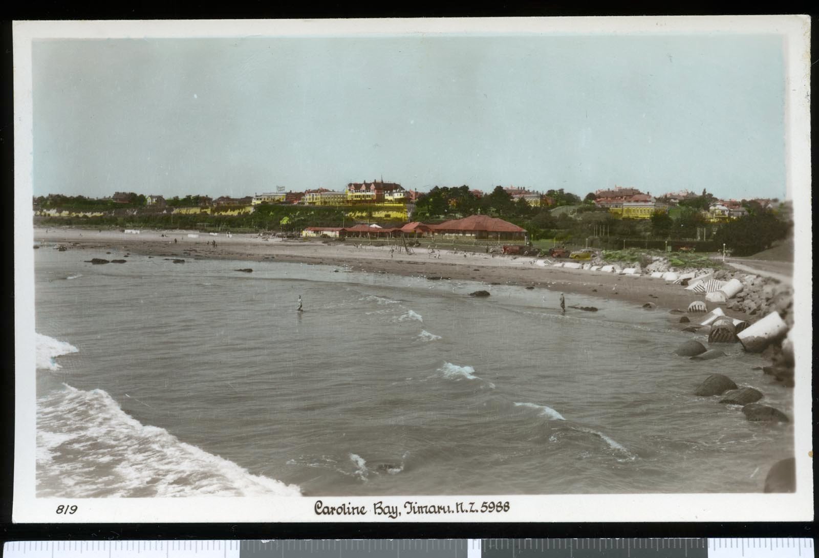 coloured postcard of Caroline Bay c1950 South Canterbury Museum